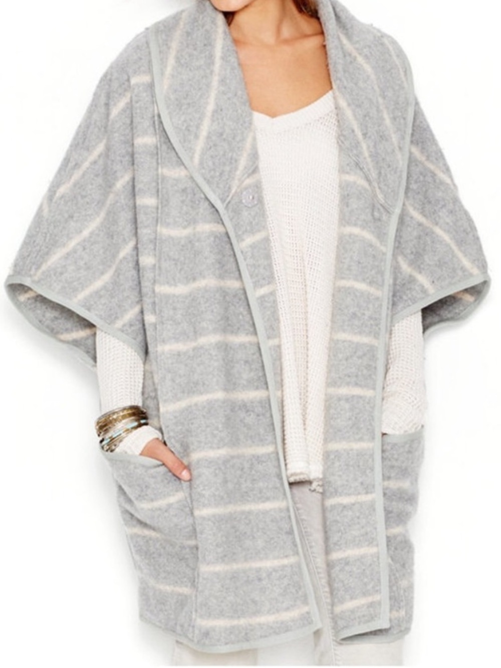 Free People Wool Blanket Poncho Kimono Coat Gray Cream Striped